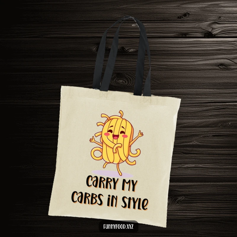Funny pasta character doing a vibrant, silly dance, showcased on a practical tote bag for grocery shopping and daily use.