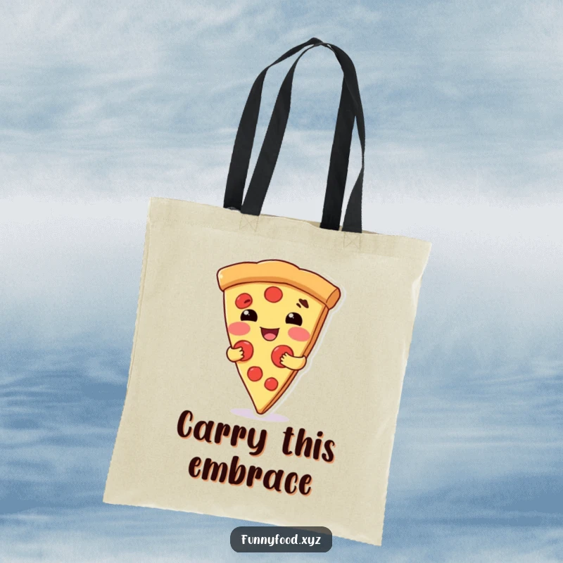 Funny tote bag featuring a friendly pizza slice character giving a big, warm, and inviting hug.