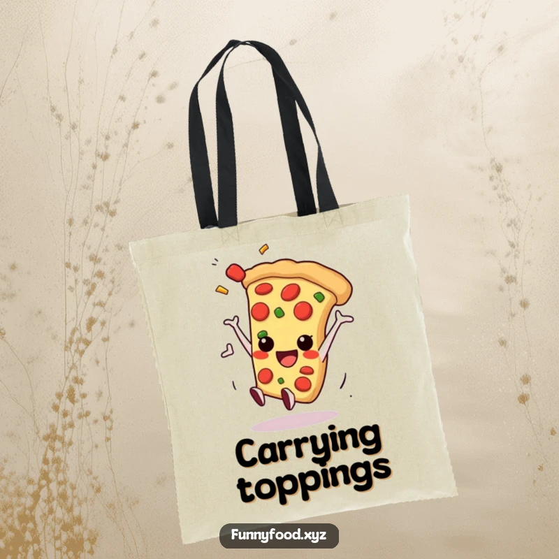 Smiling anthropomorphic pizza slice performing a dynamic somersault with toppings scattering, showcasing fun and movement.