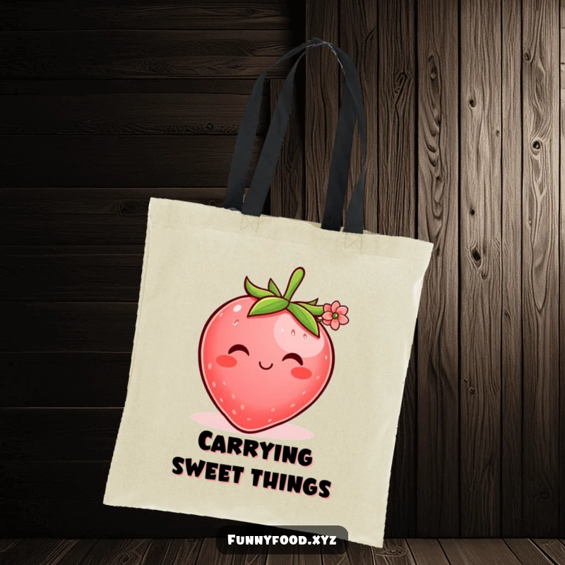 Funny tote bag showcasing a plump strawberry with a shy smile, offering a delicate flower, perfect for carrying daily items.