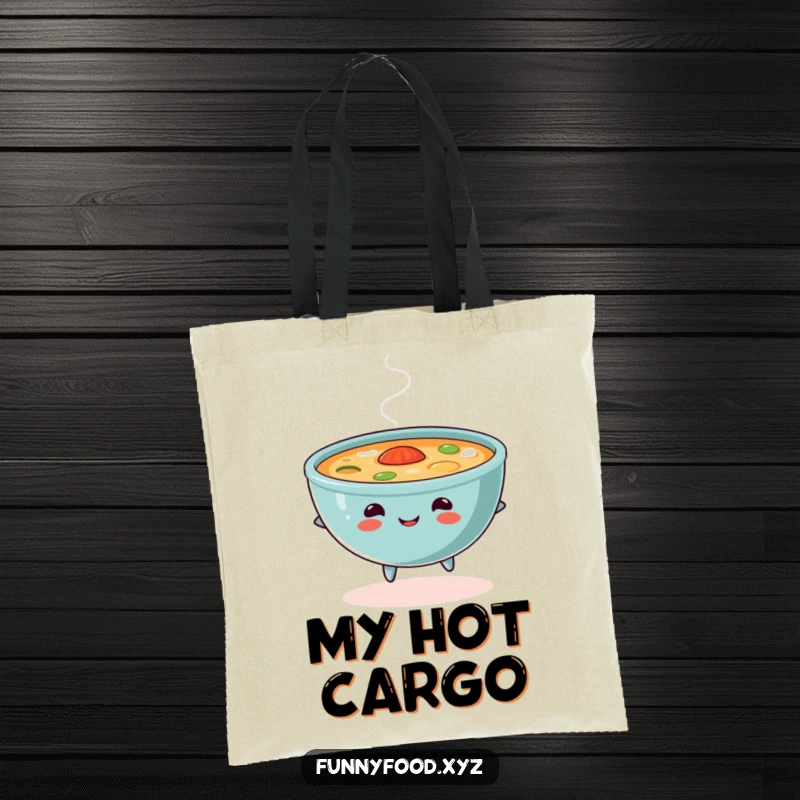 Funny soup tote bag, featuring a content bowl of soup skipping with steam, stylish and humorous for shoppers.