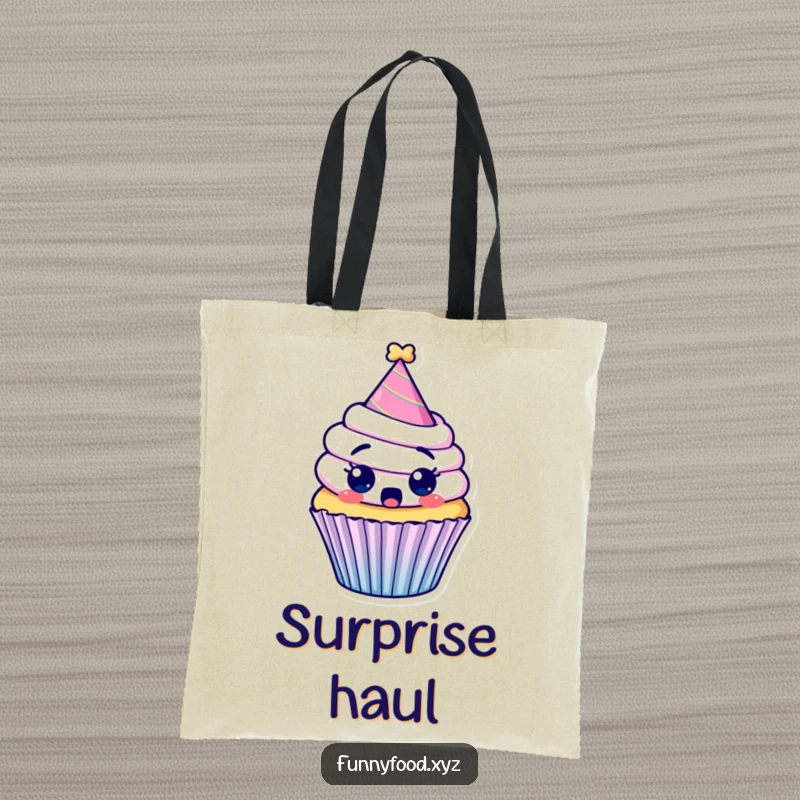 Funny tote bag featuring a surprised cupcake wearing a party hat, looking wide-eyed and cheerful.