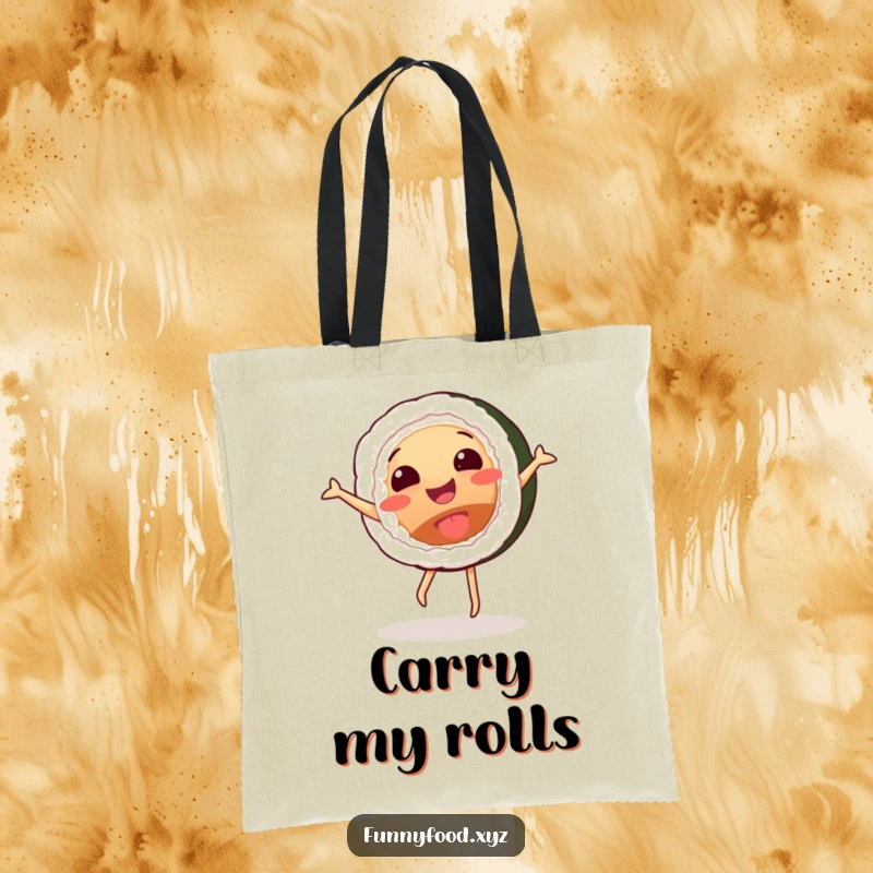 Funny tote bag decorated with a happy sushi roll performing a spirited cartwheel, symbolizing fun and movement.