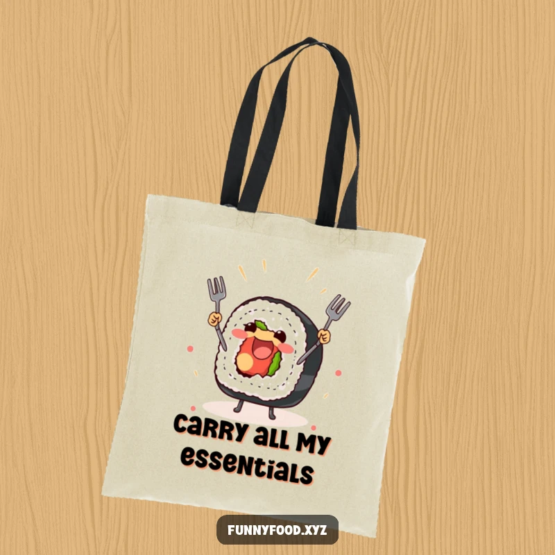 Funny tote bag with a joyful sushi roll juggling forks, perfect for shopping and sushi essentials.