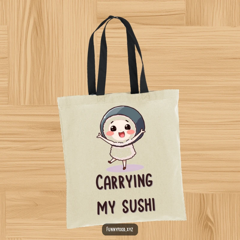 Smiling sushi roll character performing a graceful pirouette, on a durable and humorous tote bag for everyday elegance.