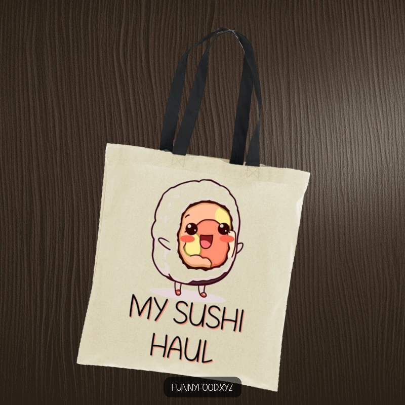 Funny tote bag with a delighted sushi roll doing a cute shuffle, showcasing a love for food and dancing.