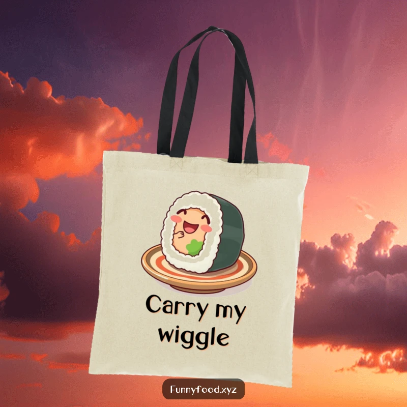 Funny sushi tote bag, featuring a delighted sushi roll wiggling happily, stylish and humorous for shoppers.