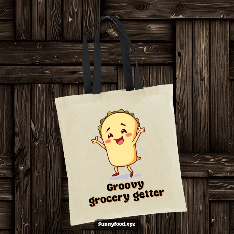 Funny taco tote bag, a happy taco character doing a silly dance, spacious and perfect for daily use.