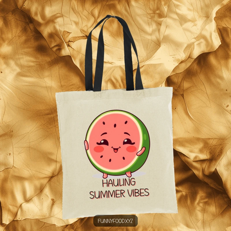 Funny Watermelon Tote Bag showcasing a winking watermelon slice striking a pose, ideal for beach or market trips.