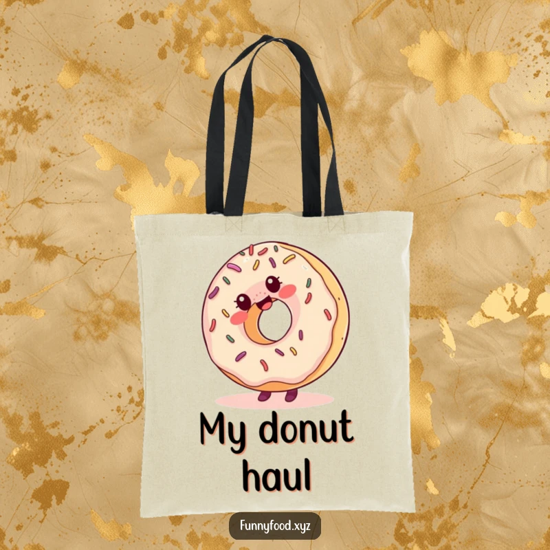 Funny tote bag with a giggling donut, its sprinkles flying, excitedly doing a cartwheel, perfect for carrying daily items.