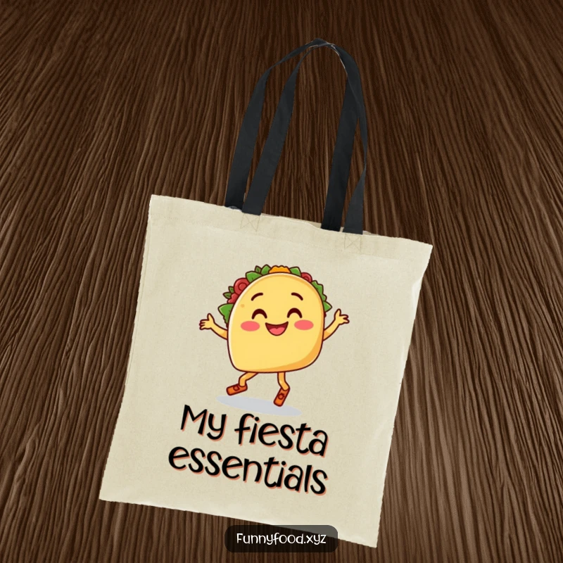Funny tote bag with a smiling taco with legs doing a goofy salsa dance, ideal for carrying essentials with flair.