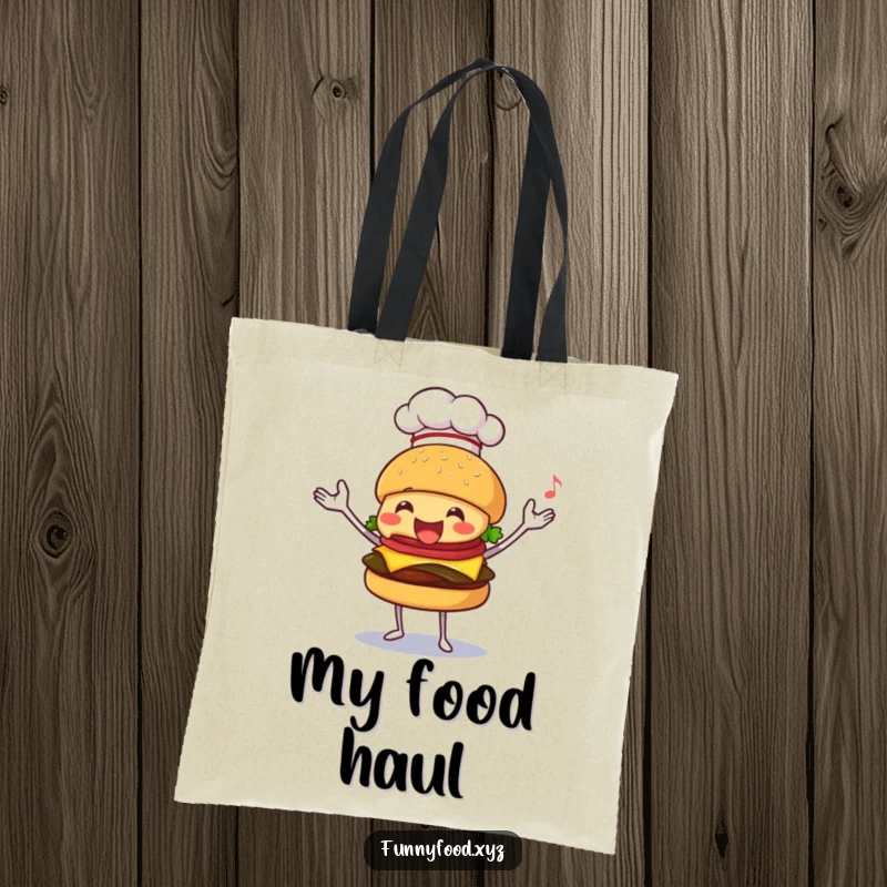 Funny tote bag with a happy burger chef juggling various food items, showcasing a fun and skillful personality.