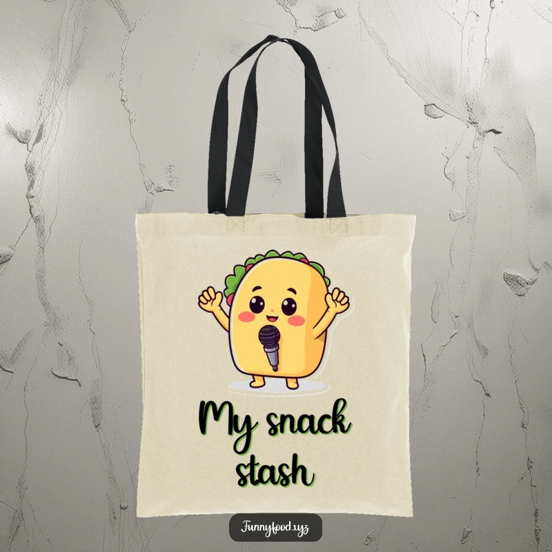 Funny tote bag with a cheerful taco holding a tiny microphone, ready to sing its heart out with enthusiasm.