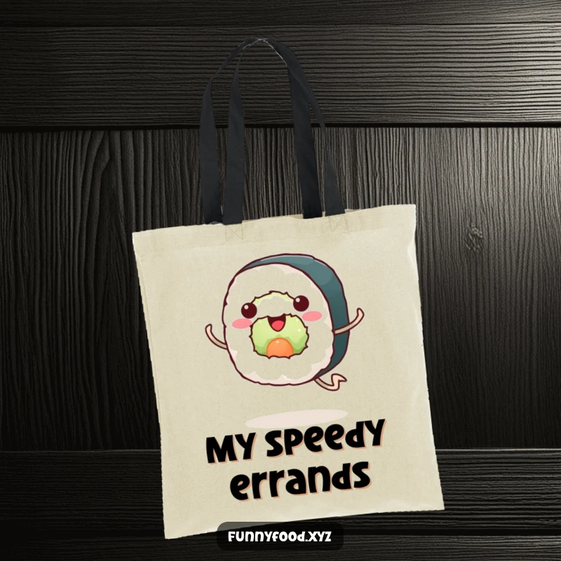 Funny sushi tote bag, a happy sushi roll with legs running enthusiastically, spacious and perfect for daily use.
