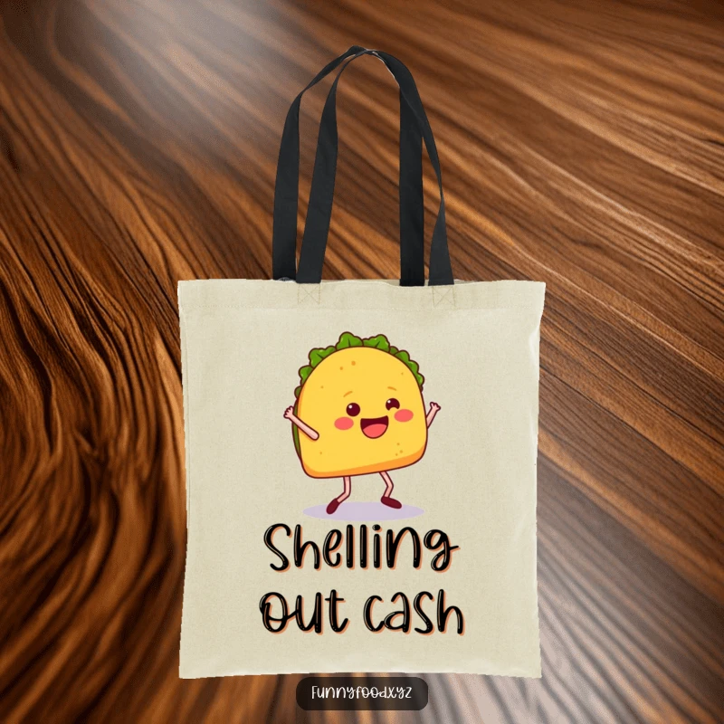 Funny tote bag showcasing a happy taco with legs dancing enthusiastically, perfect for carrying goodies with a smile.
